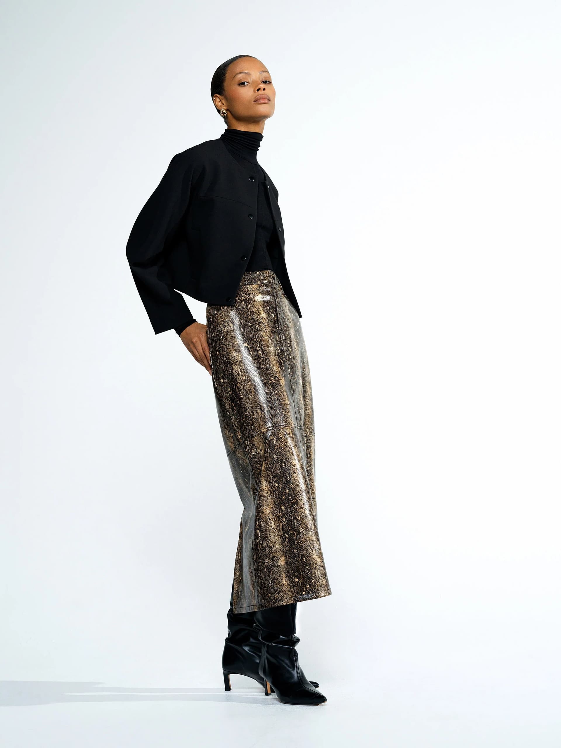 French Connection Brandy Snakeskin PU Midi Skirt Snake PU Faux Leather