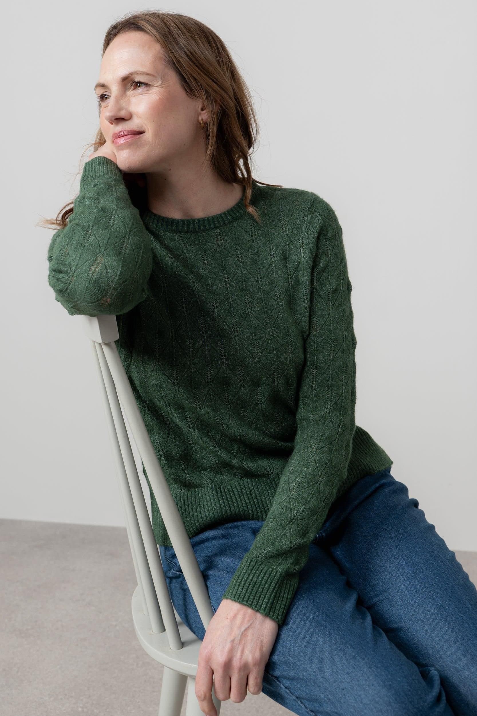 Lily & Me Lily & Me Women's Haresfield Crew Neck Blended yarn Pointelle Knit Jumper in Dark Green
