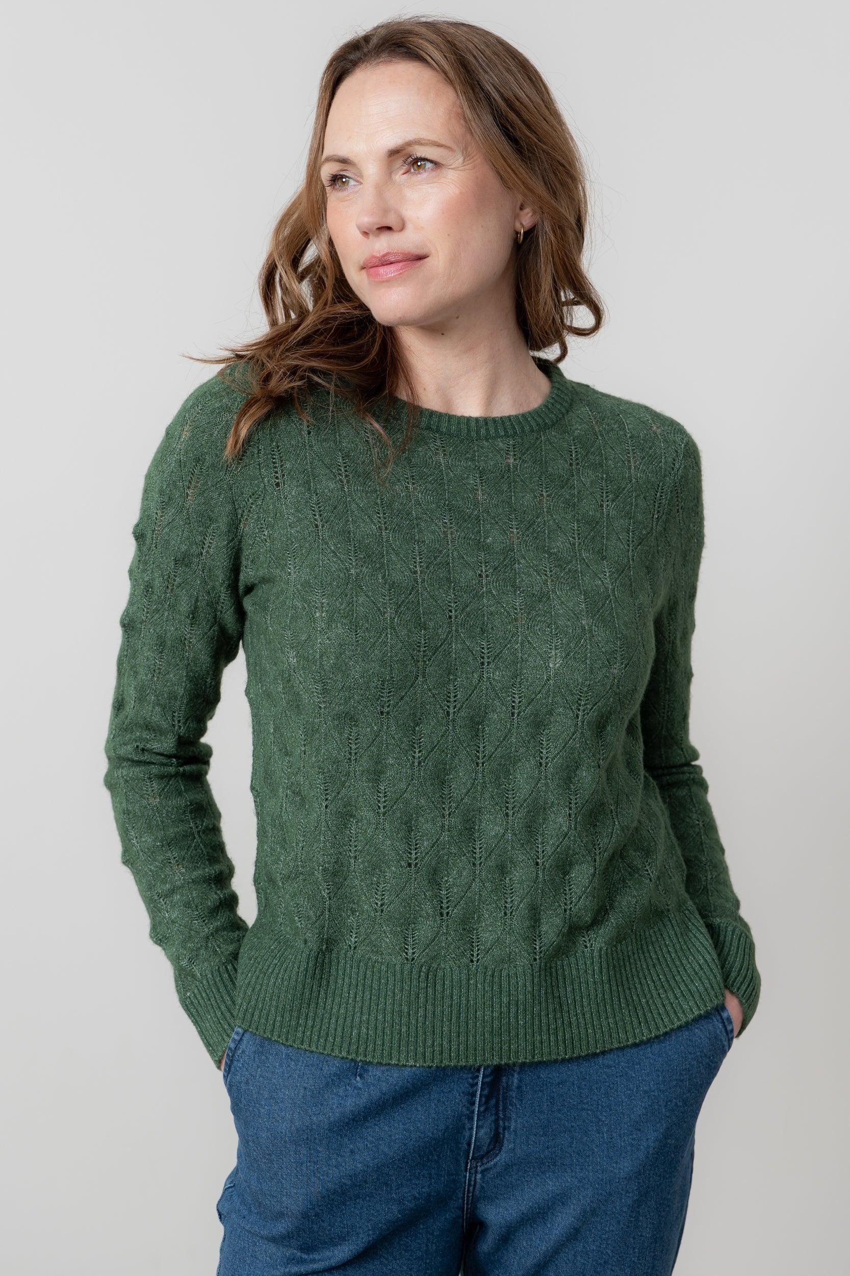Lily & Me Lily & Me Women's Haresfield Crew Neck Blended yarn Pointelle Knit Jumper in Dark Green - 2