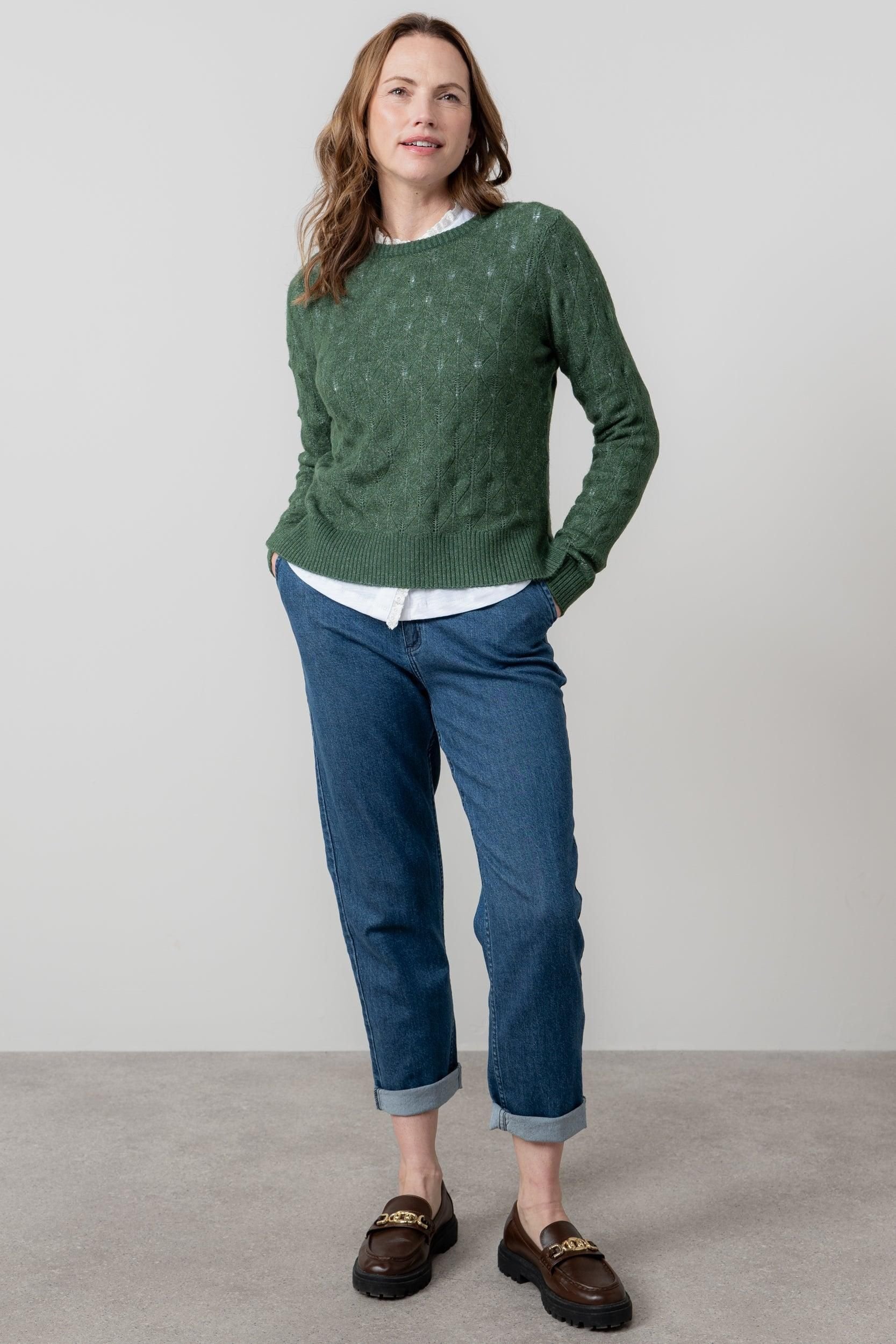Lily & Me Lily & Me Women's Haresfield Crew Neck Blended yarn Pointelle Knit Jumper in Dark Green - 3