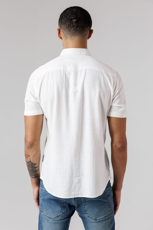 French Connection French Connection Men's Linen Blend Short Sleeve Chest Pocket Shirt in White - 3