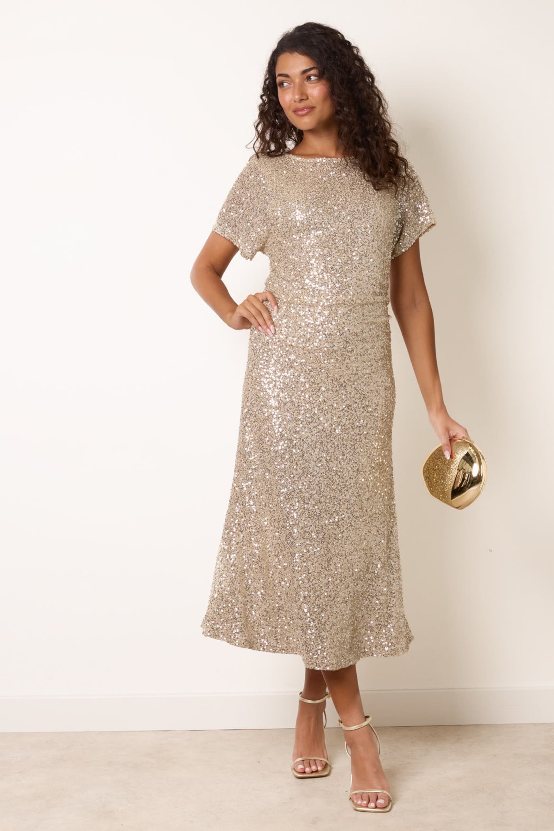 Blue Vanilla Blue Vanilla Women's Gold Short Sleeve Round Neck Midi Dress