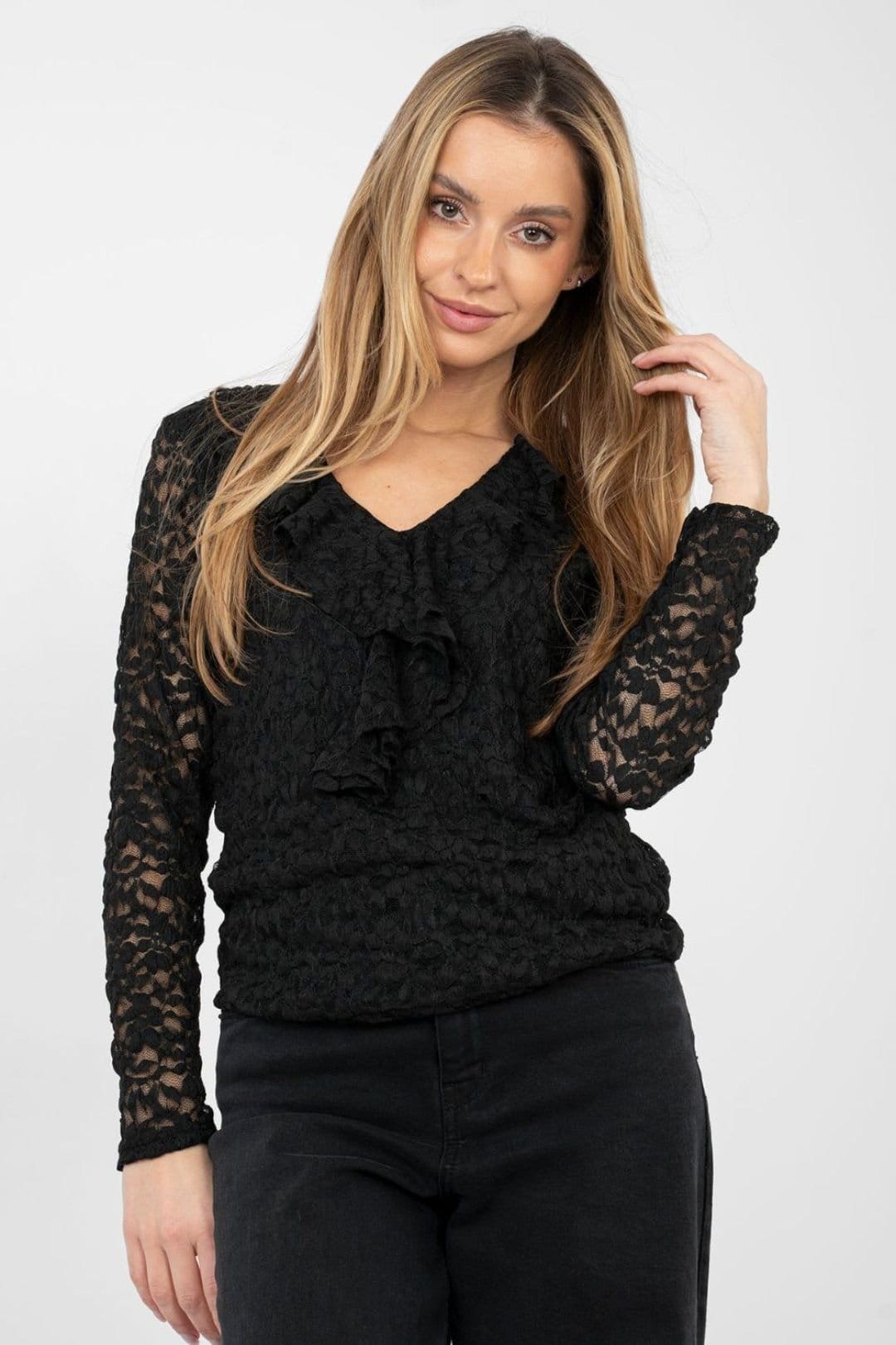 Love Lace Love Lace Women's Elegant Jabot Lace Blouse with Soft Lining in Black - 4