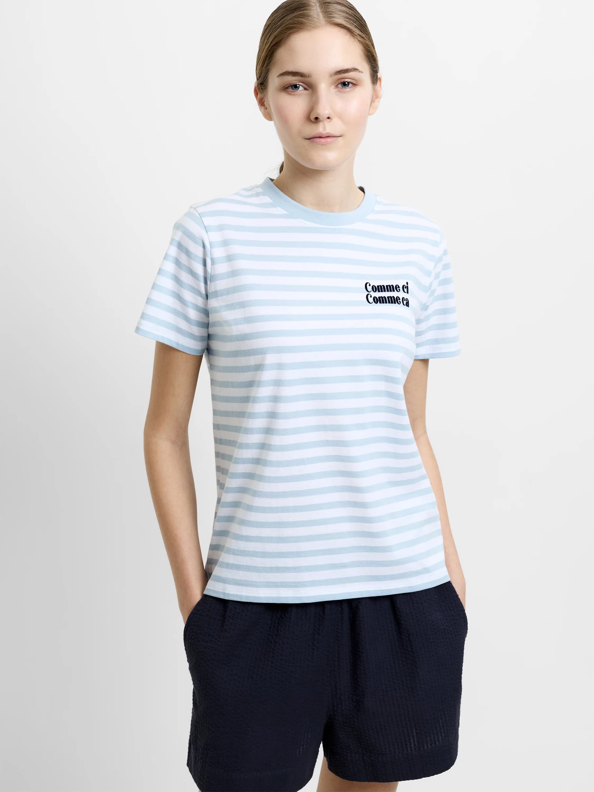 French Connection Comme Ci Comme Ca Striped T-Shirt White/Sky Blue/Navy