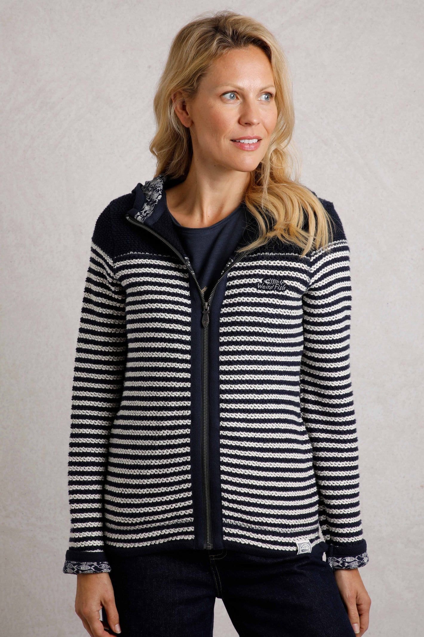 Weird Fish Weird Fish Women's Bianca Full Zip Stripe Macaroni Hoodie in Navy - 4