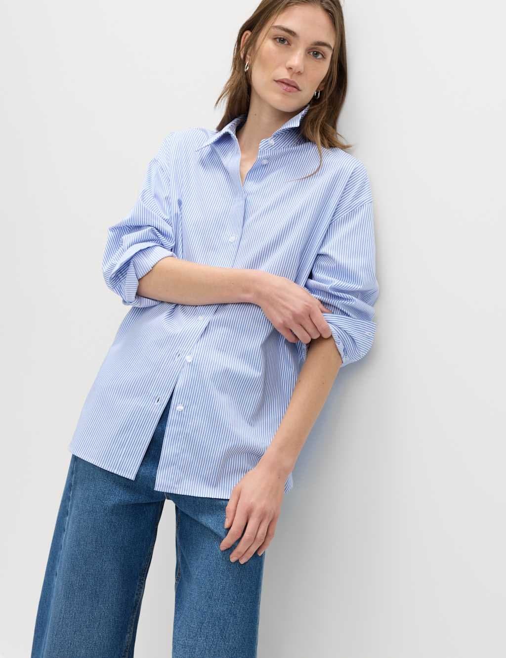 Marks & Spencer M&S Pure Cotton Striped Oversized Shirt Blue Mix