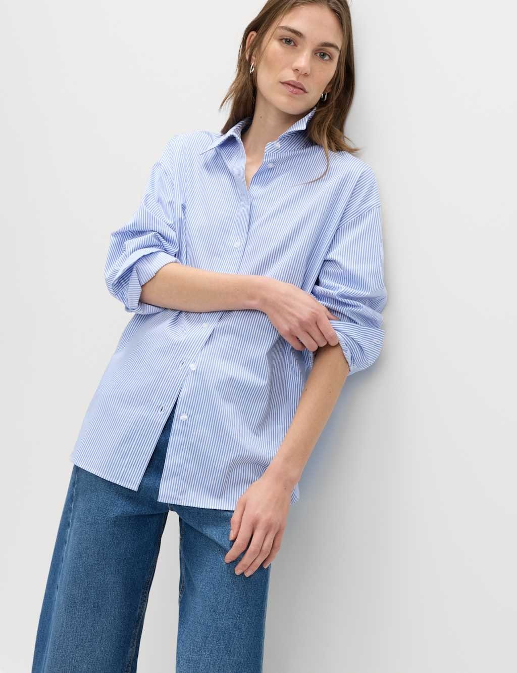 Marks & Spencer M&S Pure Cotton Striped Oversized Shirt Blue Mix - 1