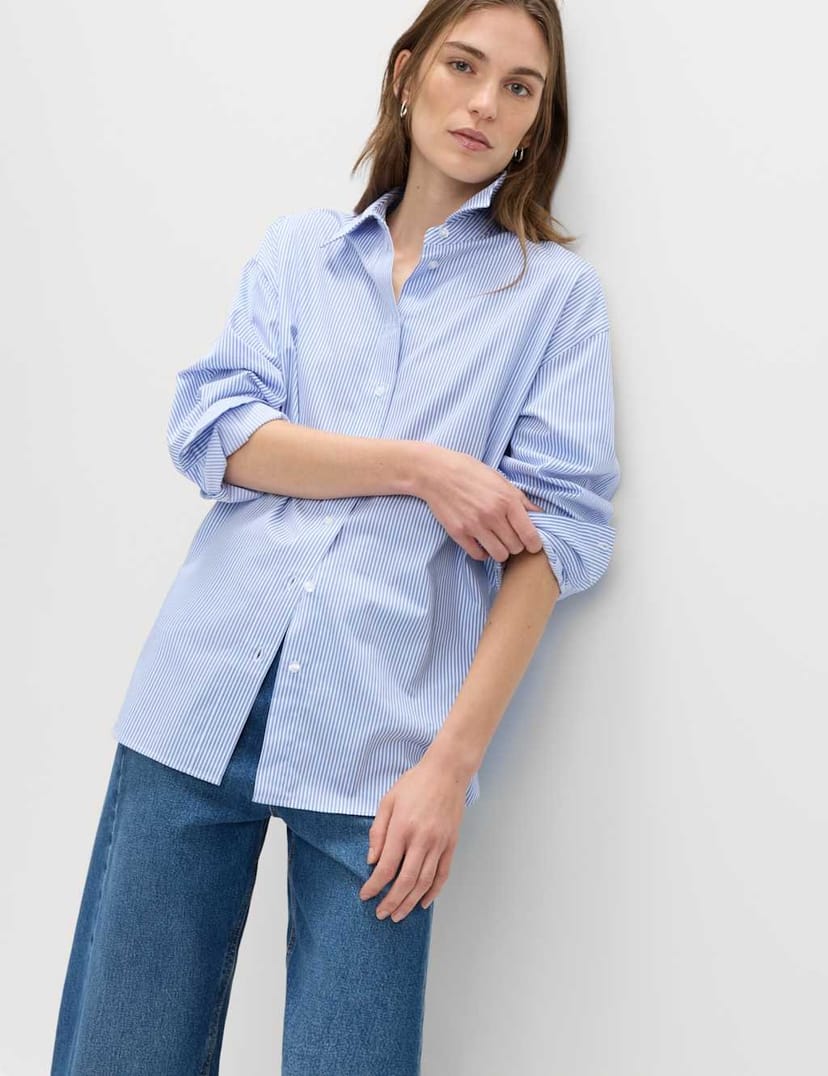 Marks & Spencer M&S Pure Cotton Striped Oversized Shirt Blue Mix - 1