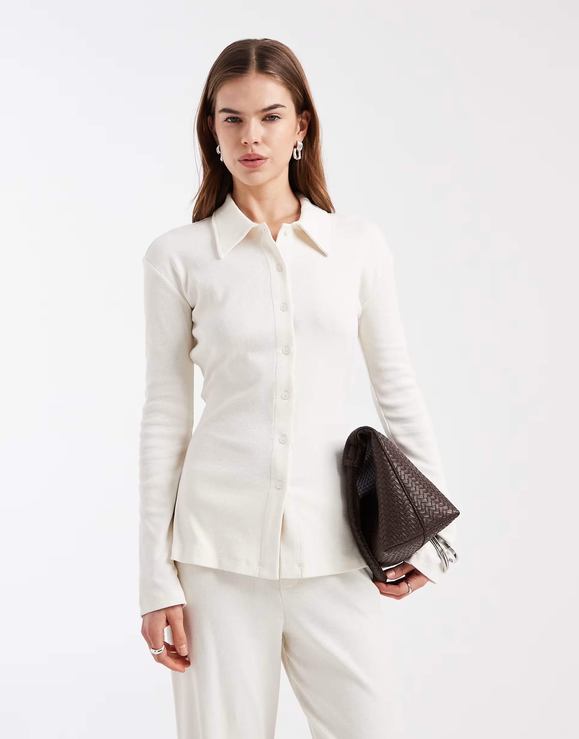 ASOS 4th & Reckless cotton rich ribbed collared button through top co-ord in cream