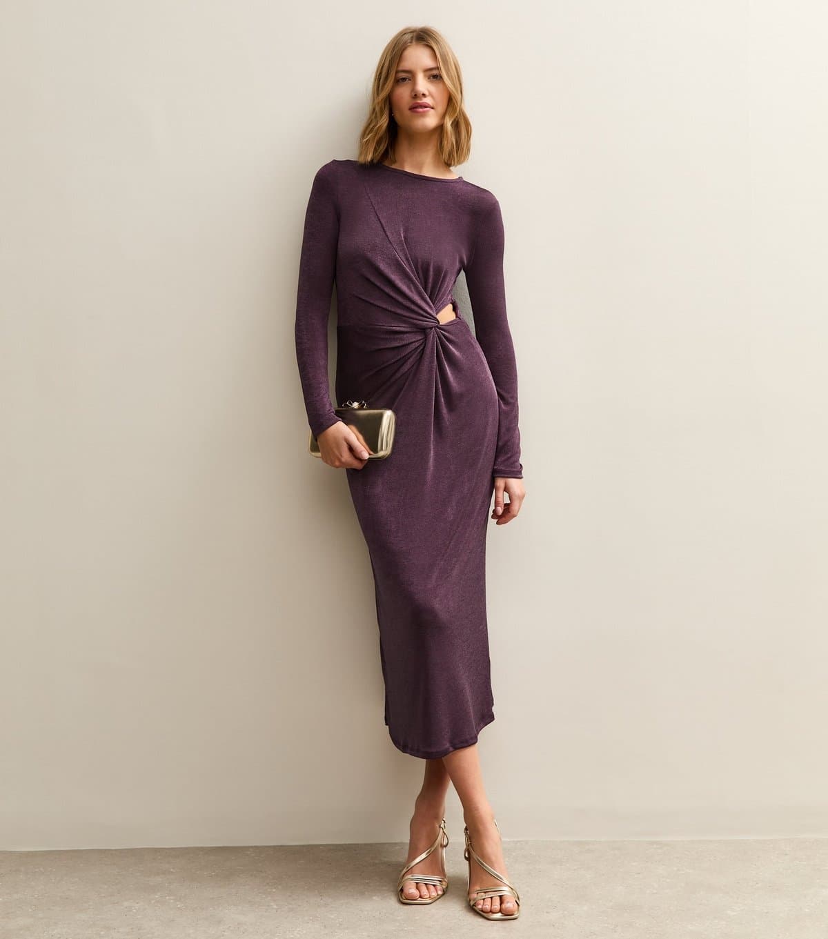 New Look Women's Dark Purple Side Knot Ruched Long Sleeve Midi Dress New Look
