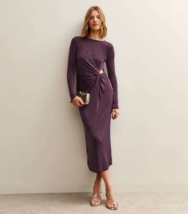 New Look Women's Dark Purple Side Knot Ruched Long Sleeve Midi Dress New Look - 2