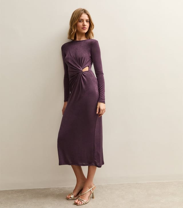 New Look Women's Dark Purple Side Knot Ruched Long Sleeve Midi Dress New Look - 3