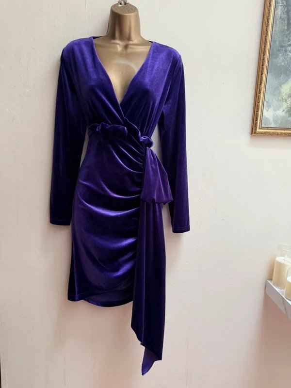 boutique Purple velvet long sleeve asymmetrical hemline evening dress gown - 1