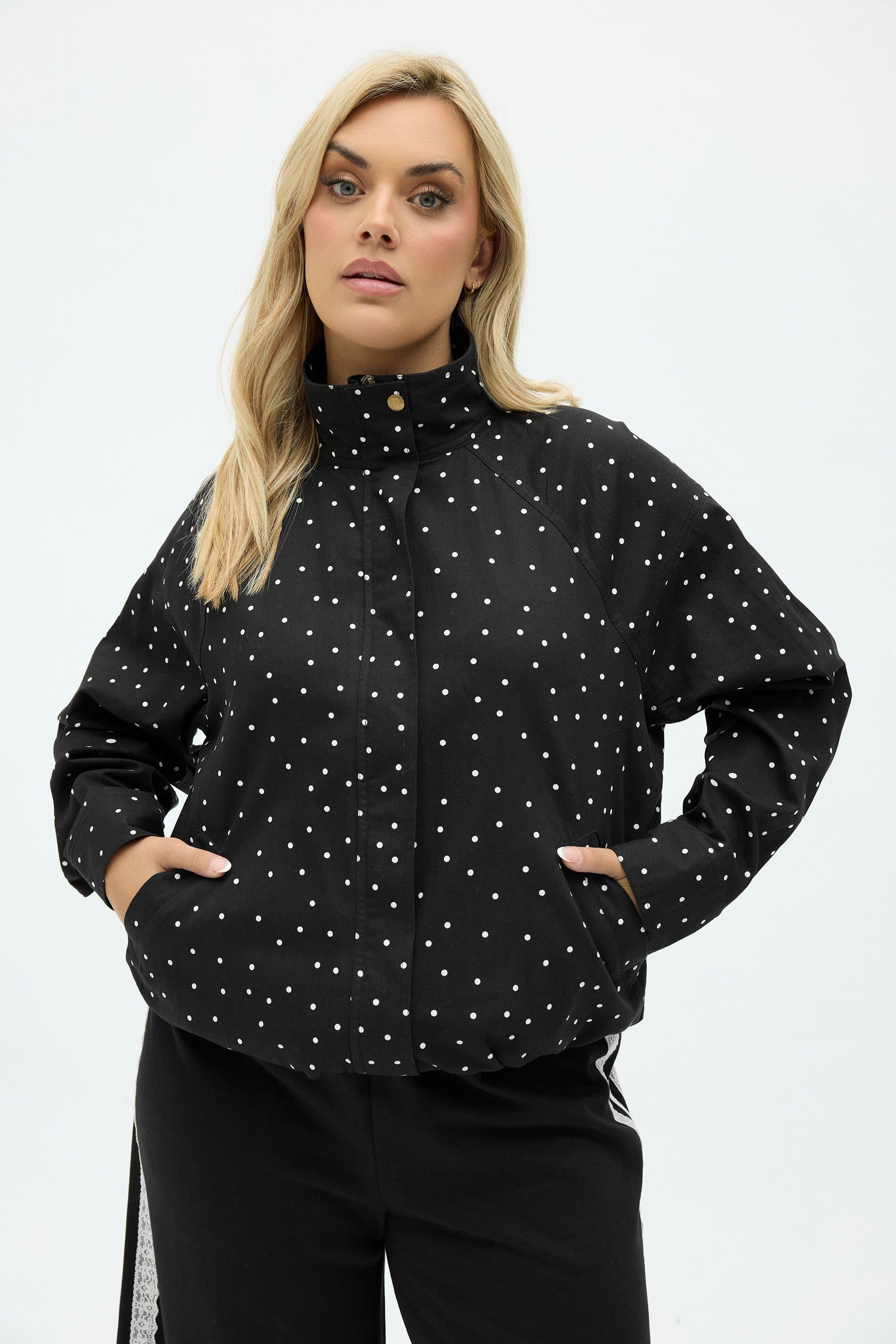 Yours Plus Size Black Polka Dot Funnel Neck Cotton Bomber Jacket