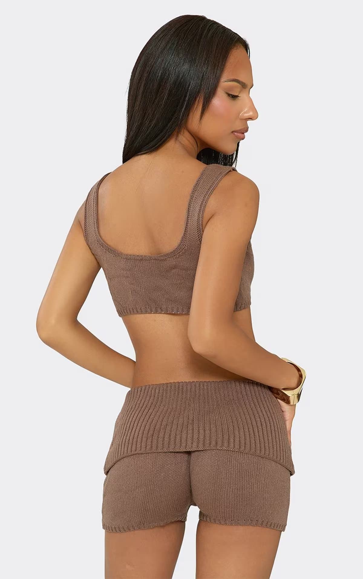 EGO Square Neck Crop Top And Fold Over Waistband Shorts Co-Ord Set In Chocolate Brown Knit, Women's Size UK S