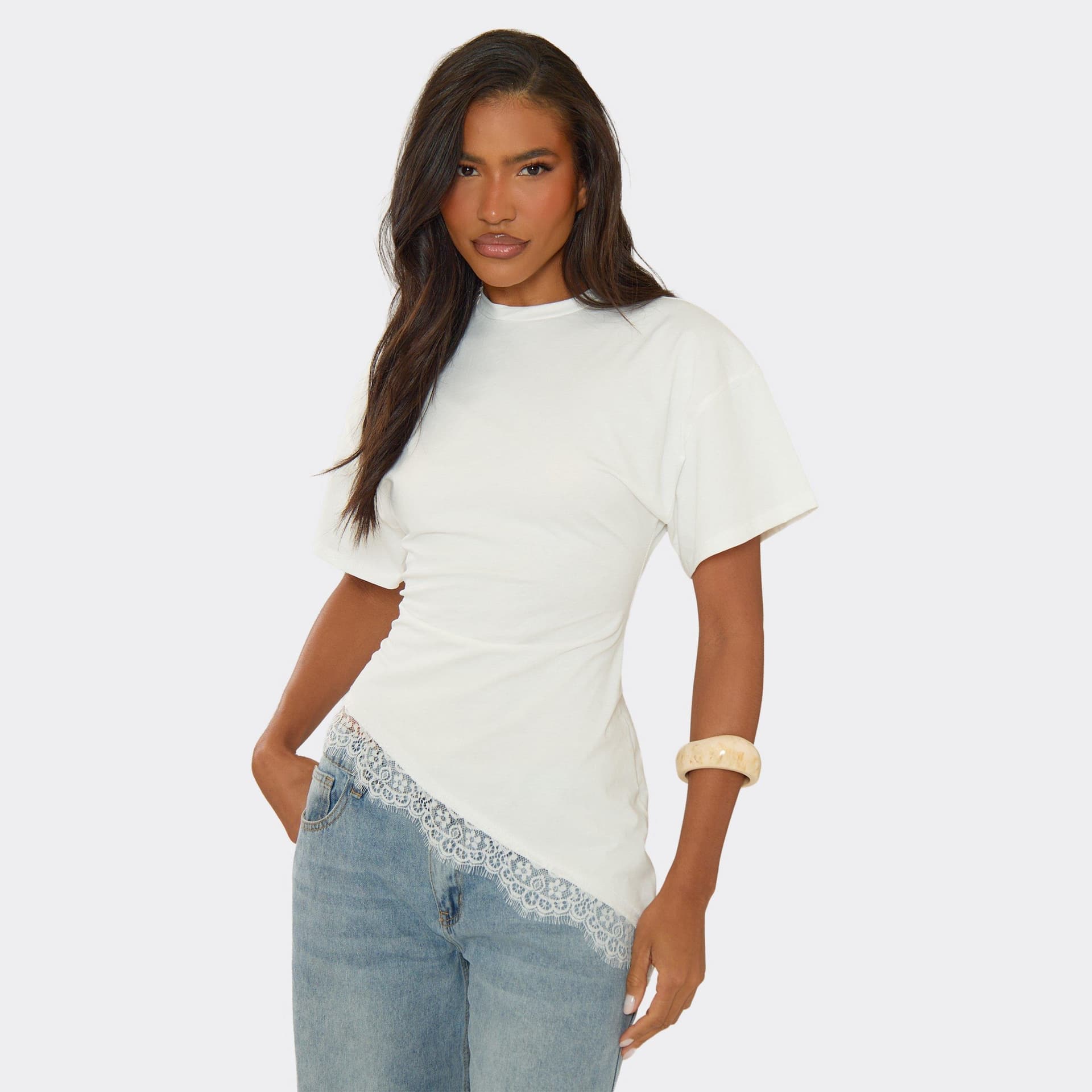 EGO Short Sleeve Asymmetric Lace Hem T-Shirt In White., Women's Size UK 6