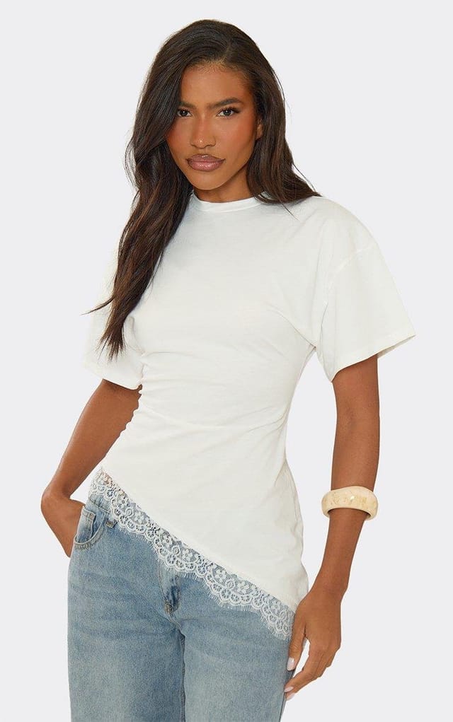 EGO Short Sleeve Asymmetric Lace Hem T-Shirt In White., Women's Size UK 6 - 2