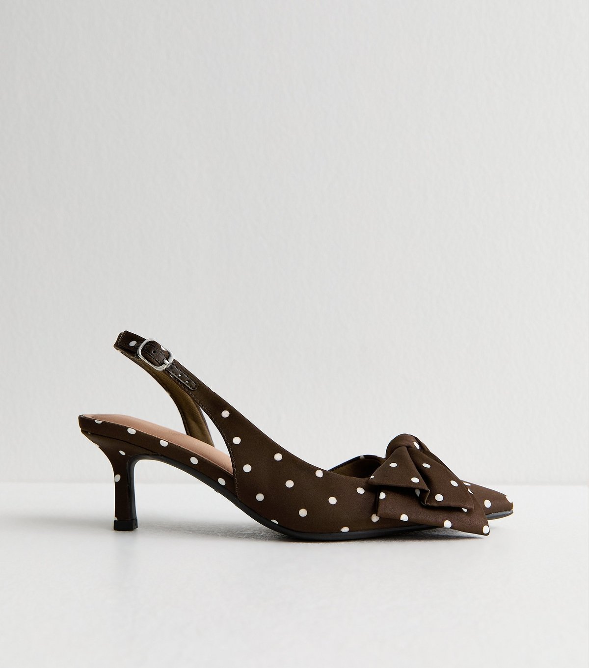 New Look Women's Dark Brown Satin Polka Dot Slingback Court Shoes Vegan New Look - 2