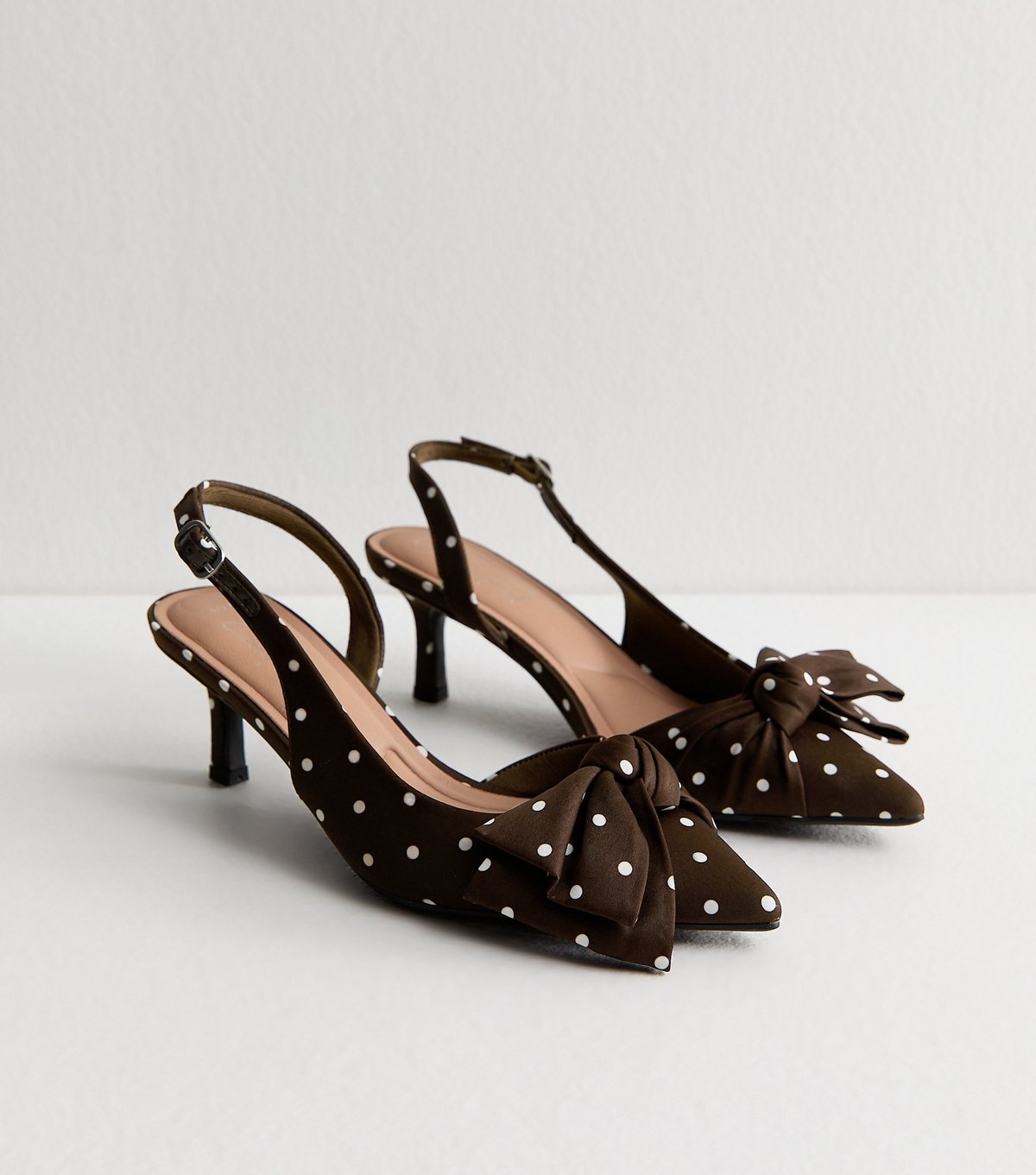 New Look Women's Dark Brown Satin Polka Dot Slingback Court Shoes Vegan New Look - 3