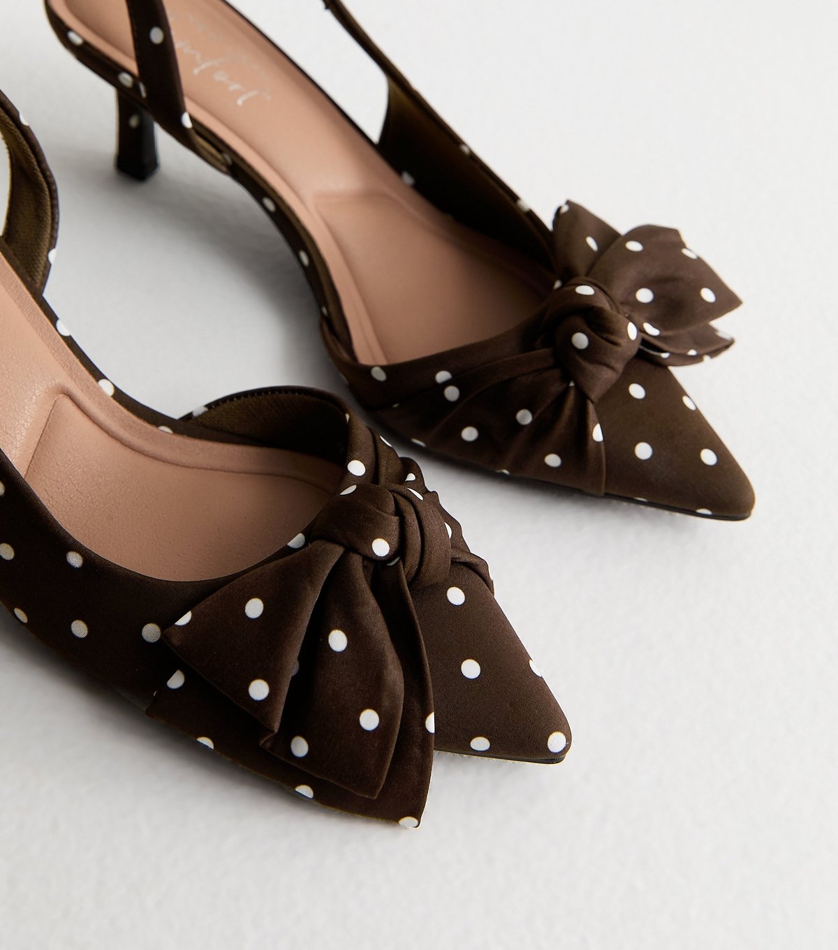 New Look Women's Dark Brown Satin Polka Dot Slingback Court Shoes Vegan New Look - 4