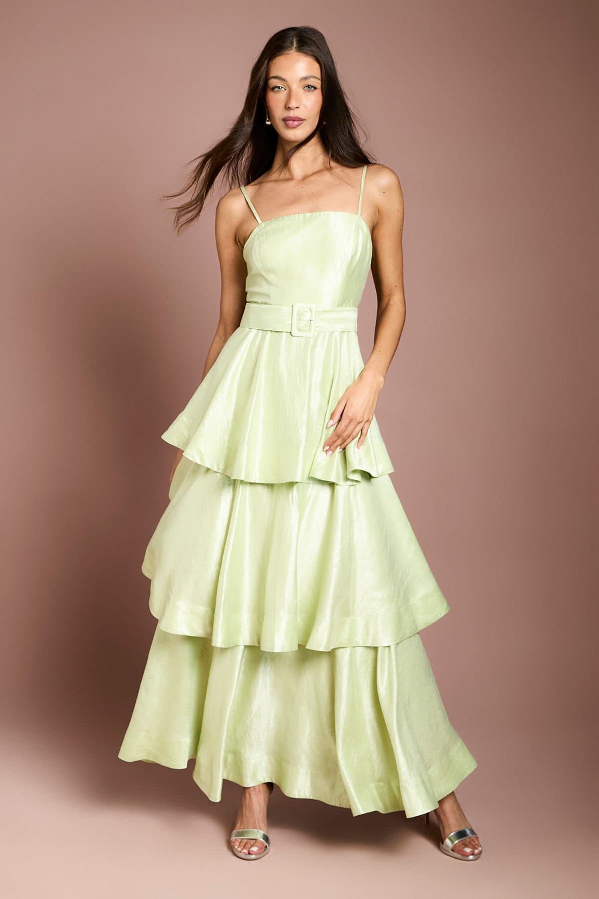 Coast Coast Women's Belted Tiered Satin Maxi Dress in Sage