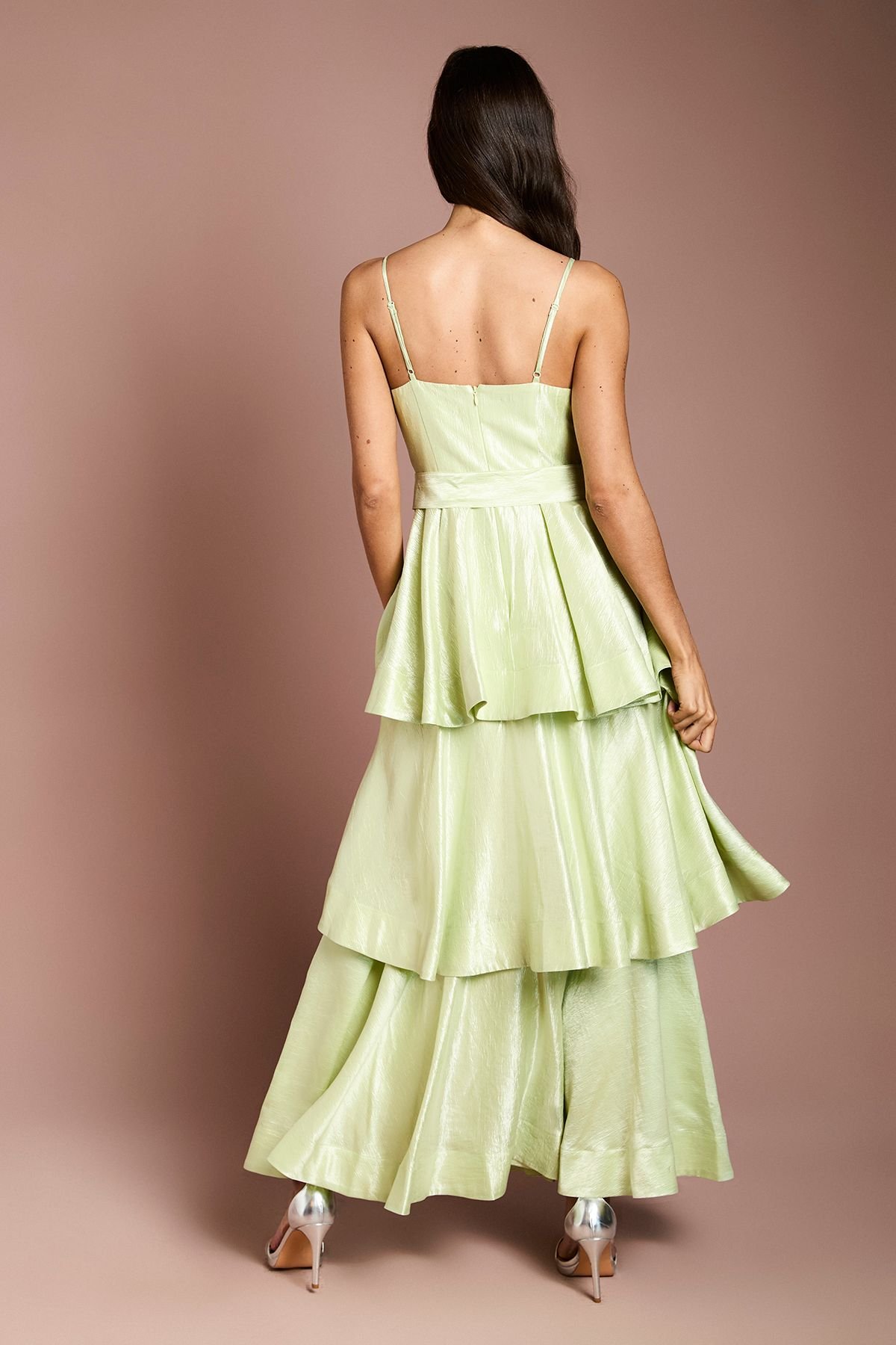 Coast Coast Women's Belted Tiered Satin Maxi Dress in Sage - 3