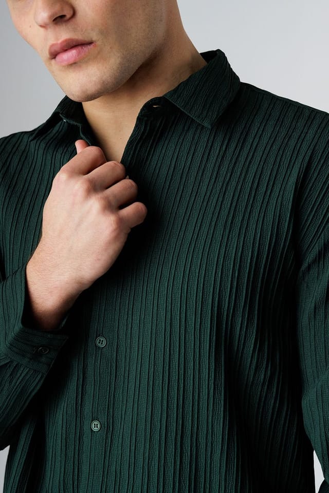 Influence Influence Men's Plissé Textured Long Sleeve Button Shirt in Green - 3