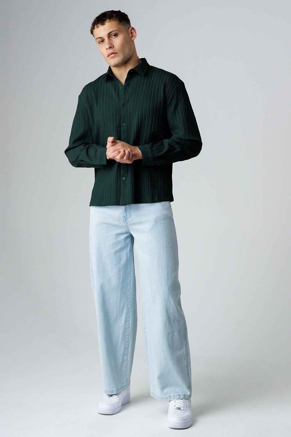 Influence Influence Men's Plissé Textured Long Sleeve Button Shirt in Green - 4