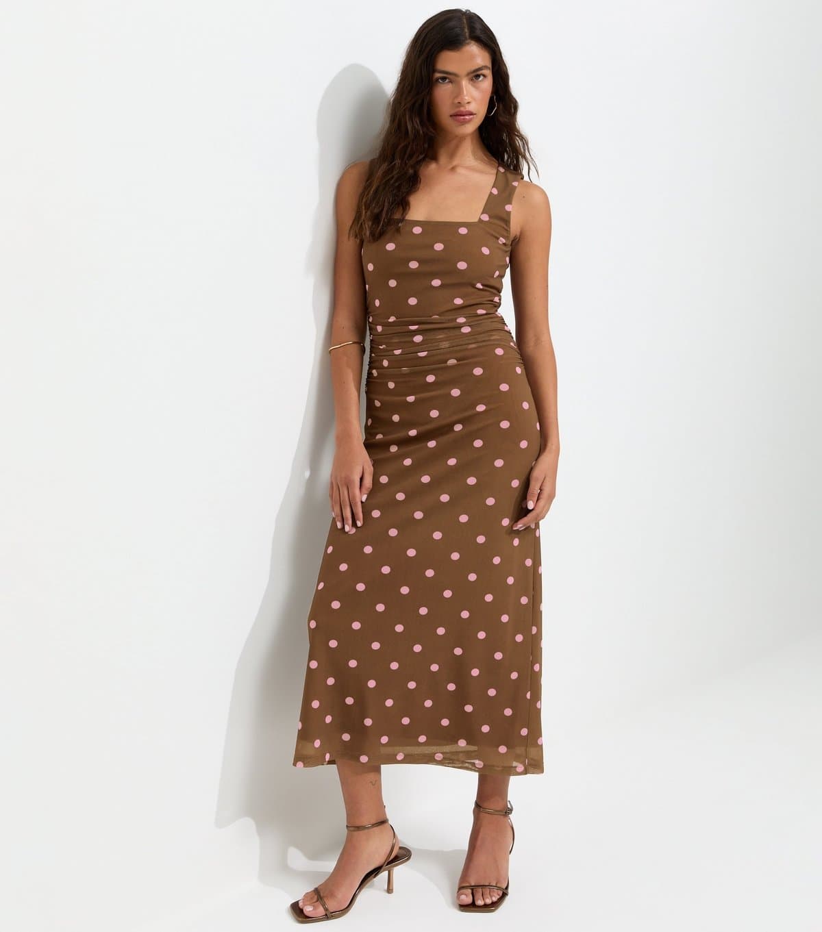 New Look Women's Brown Spot Print Square Neck Mesh Midi Dress New Look