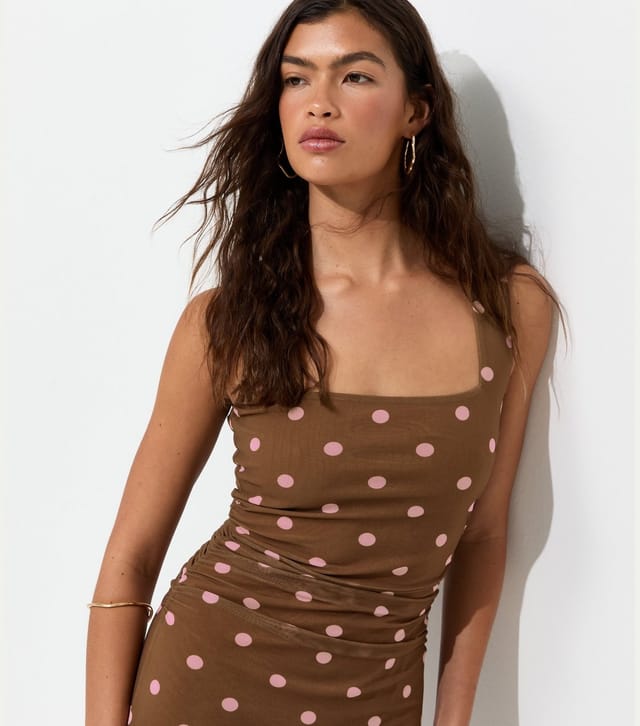 New Look Women's Brown Spot Print Square Neck Mesh Midi Dress New Look - 2