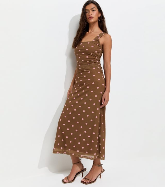 New Look Women's Brown Spot Print Square Neck Mesh Midi Dress New Look - 3