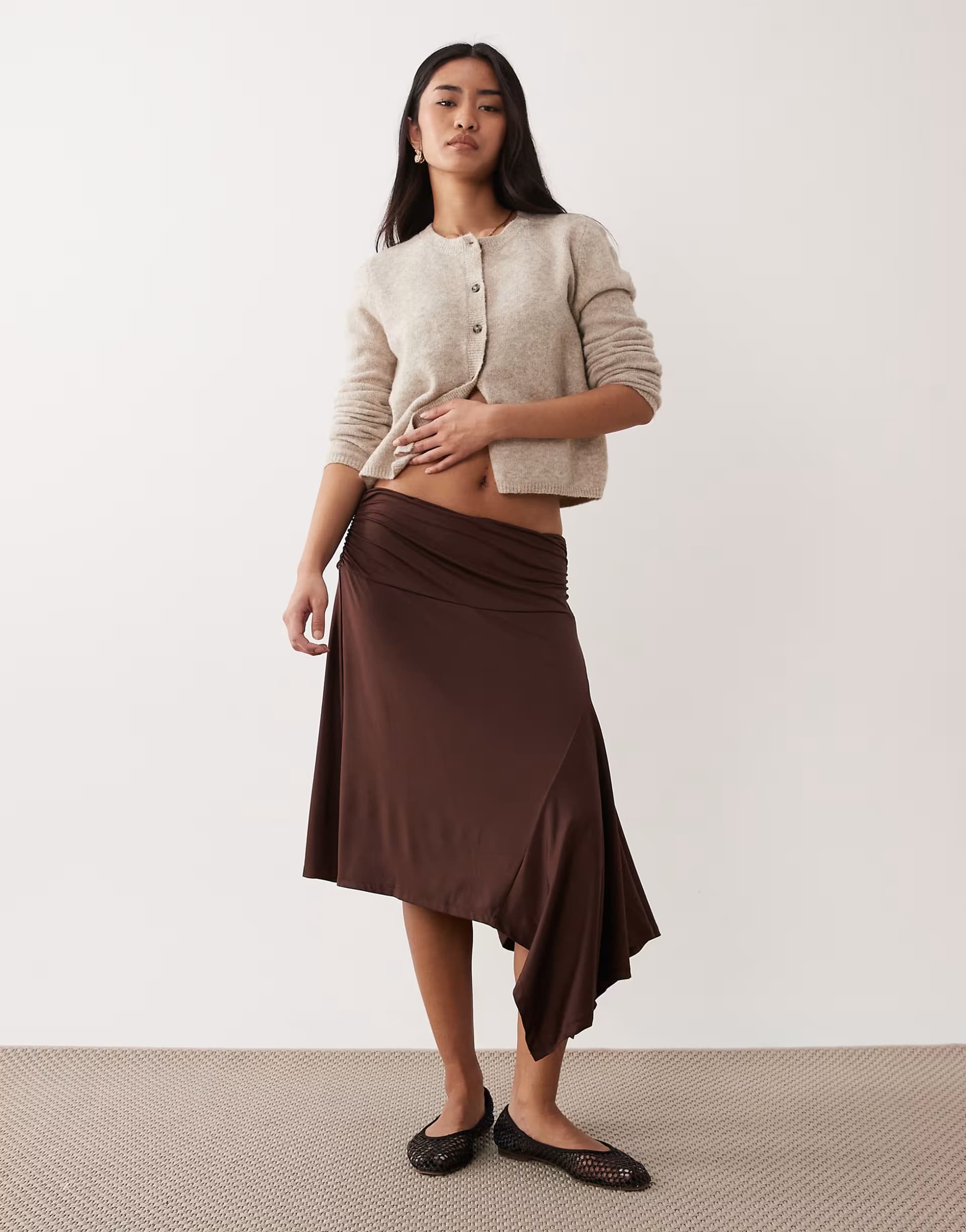ASOS NIA Vine midaxi slinky ruffle detail skirt in chocolate brown