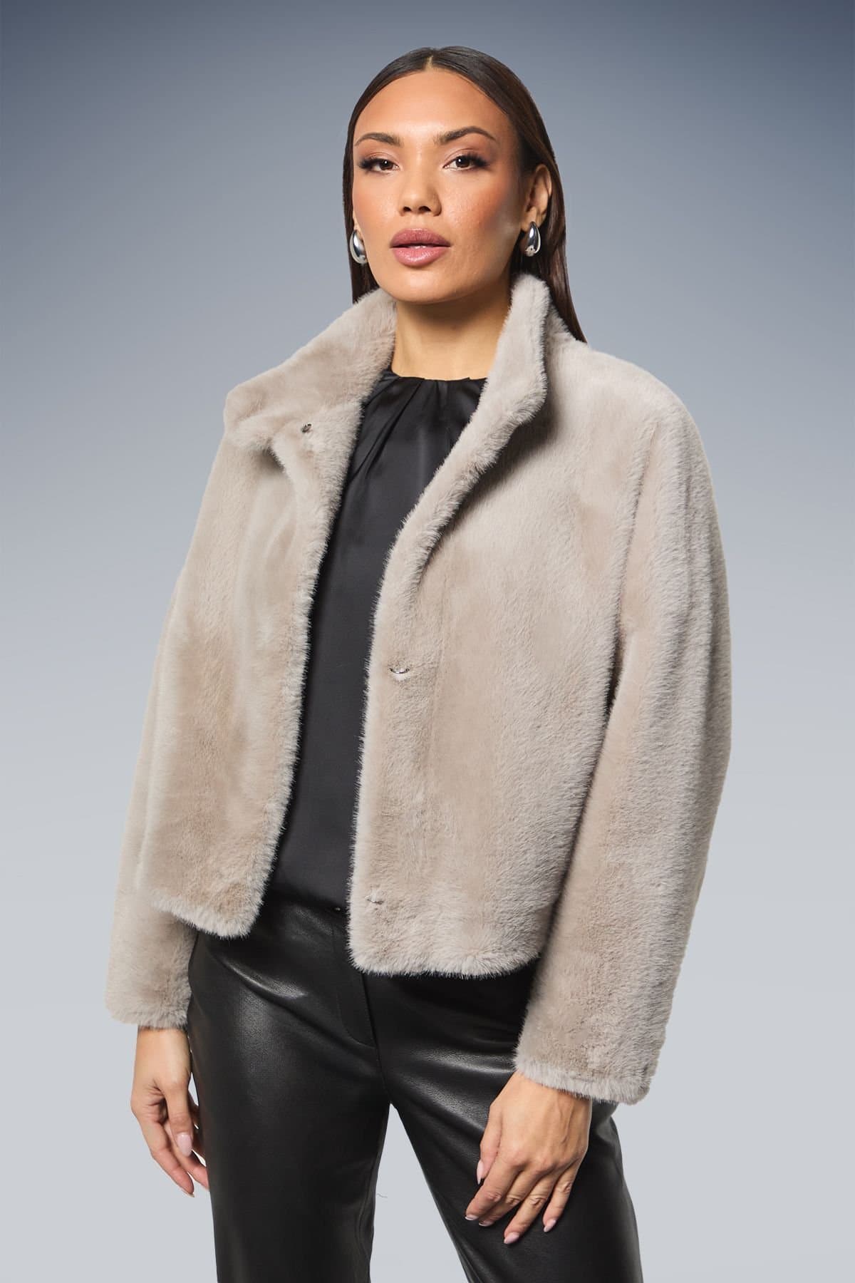 Principles Principles Women's Faux Fur Wrap Neck Short Coat in Grey