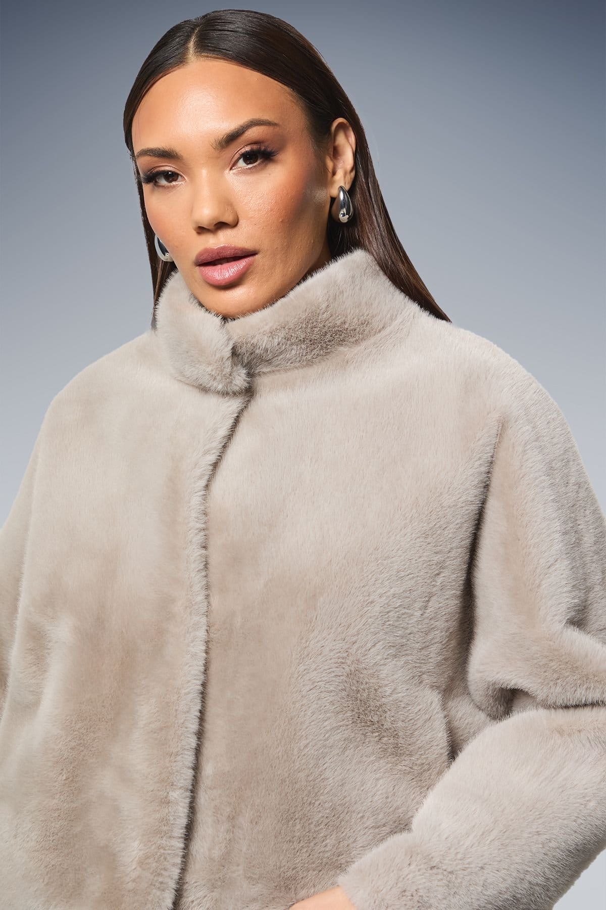 Principles Principles Women's Faux Fur Wrap Neck Short Coat in Grey - 4