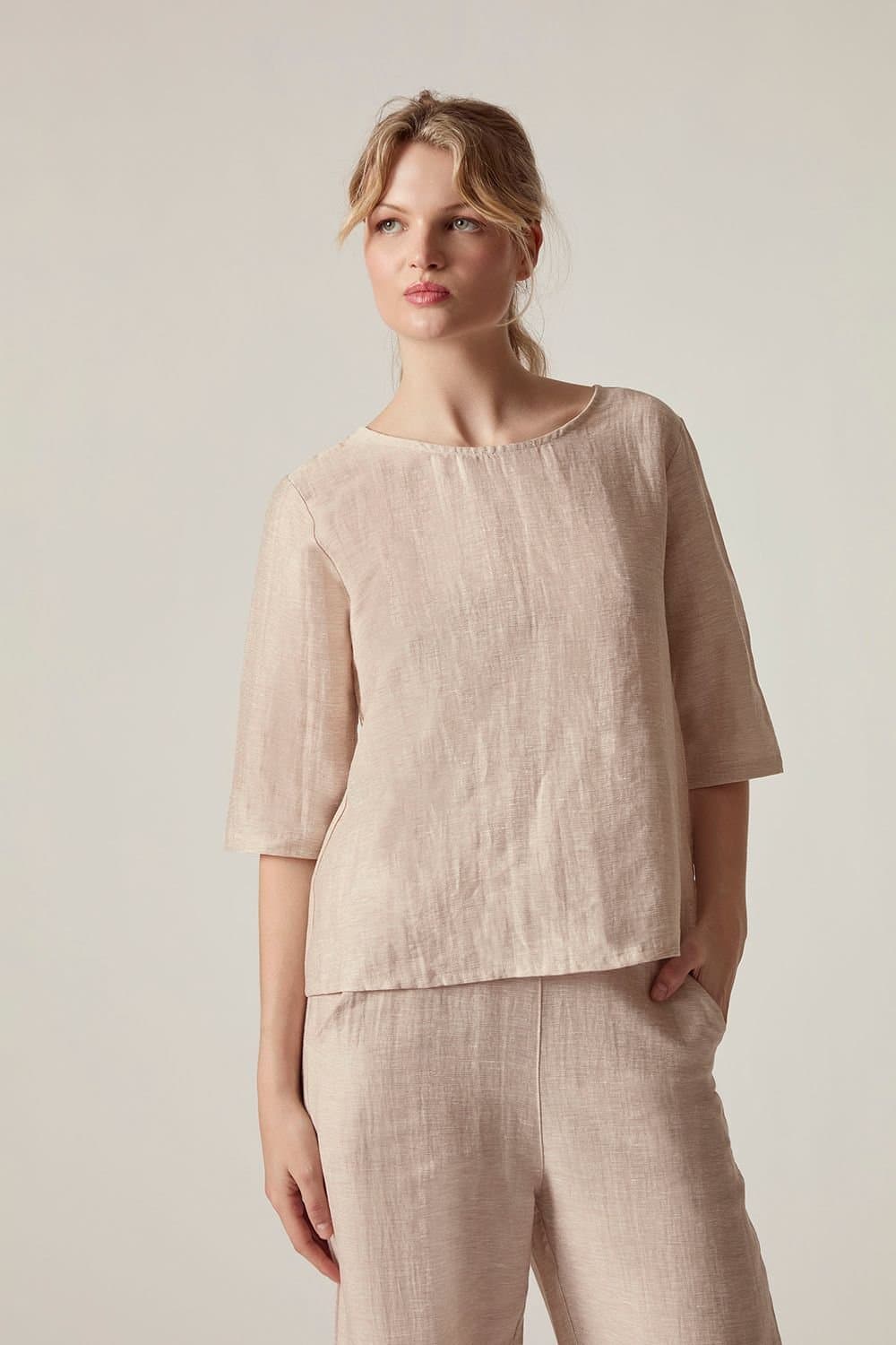 James Lakeland James Lakeland Women's Linen Blend Back Button Detail Top - Beige