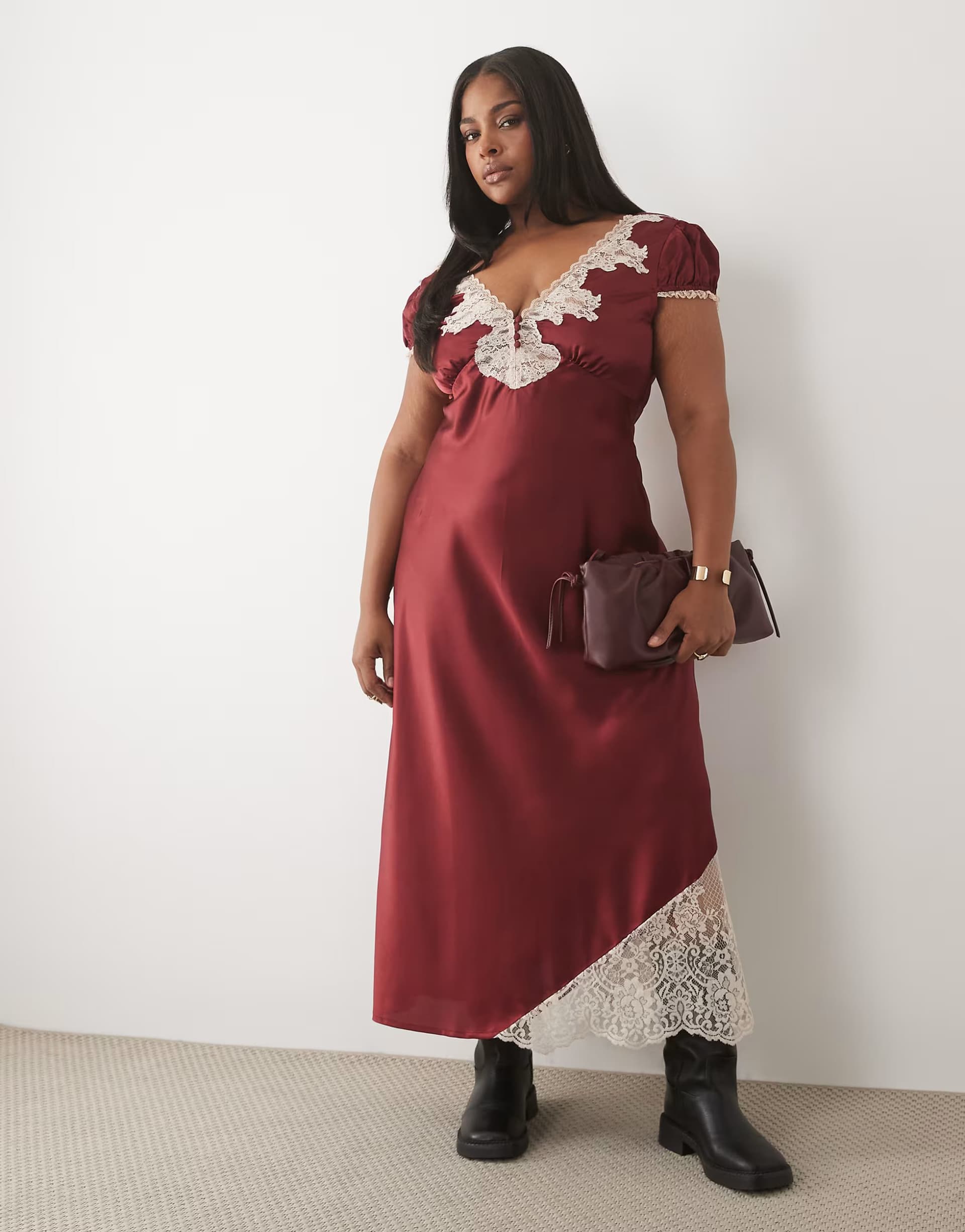 ASOS ASOS DESIGN Curve satin tea maxi dress with contrast lace in burgundy