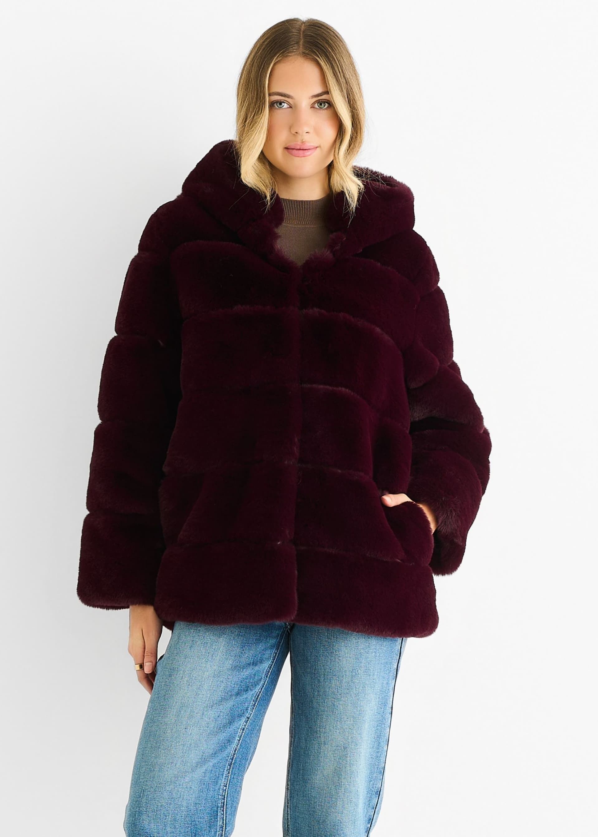 Gini London Gini London Dark Burgundy Fur Hooded Jacket