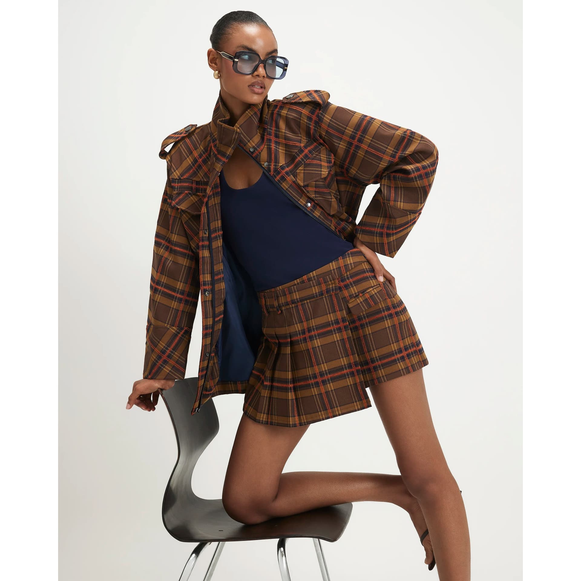River Island River Island Womens Brown Pleat Detail Check Skort