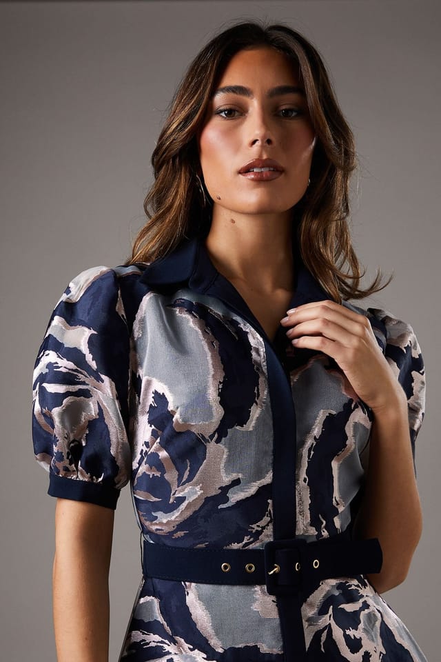 Coast Coast Women's Short Sleeve Jacquard Shirt Dress in Navy - 3