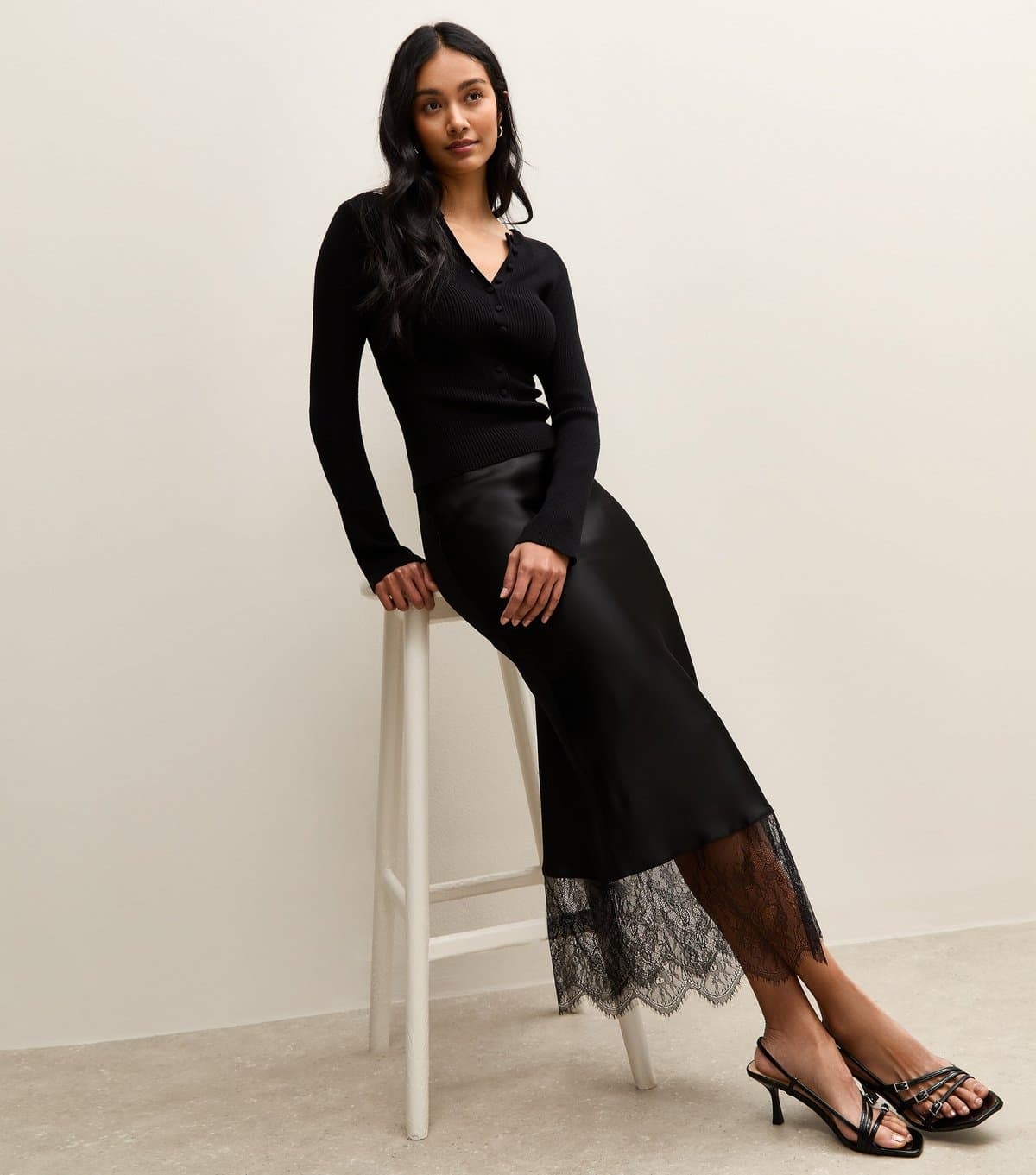 New Look Women's Black Satin Lace Hem Bias Cut Midi Skirt New Look