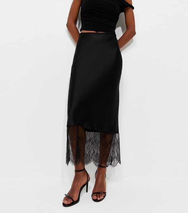 New Look Women's Black Satin Lace Hem Bias Cut Midi Skirt New Look - 2