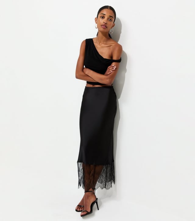 New Look Women's Black Satin Lace Hem Bias Cut Midi Skirt New Look - 3