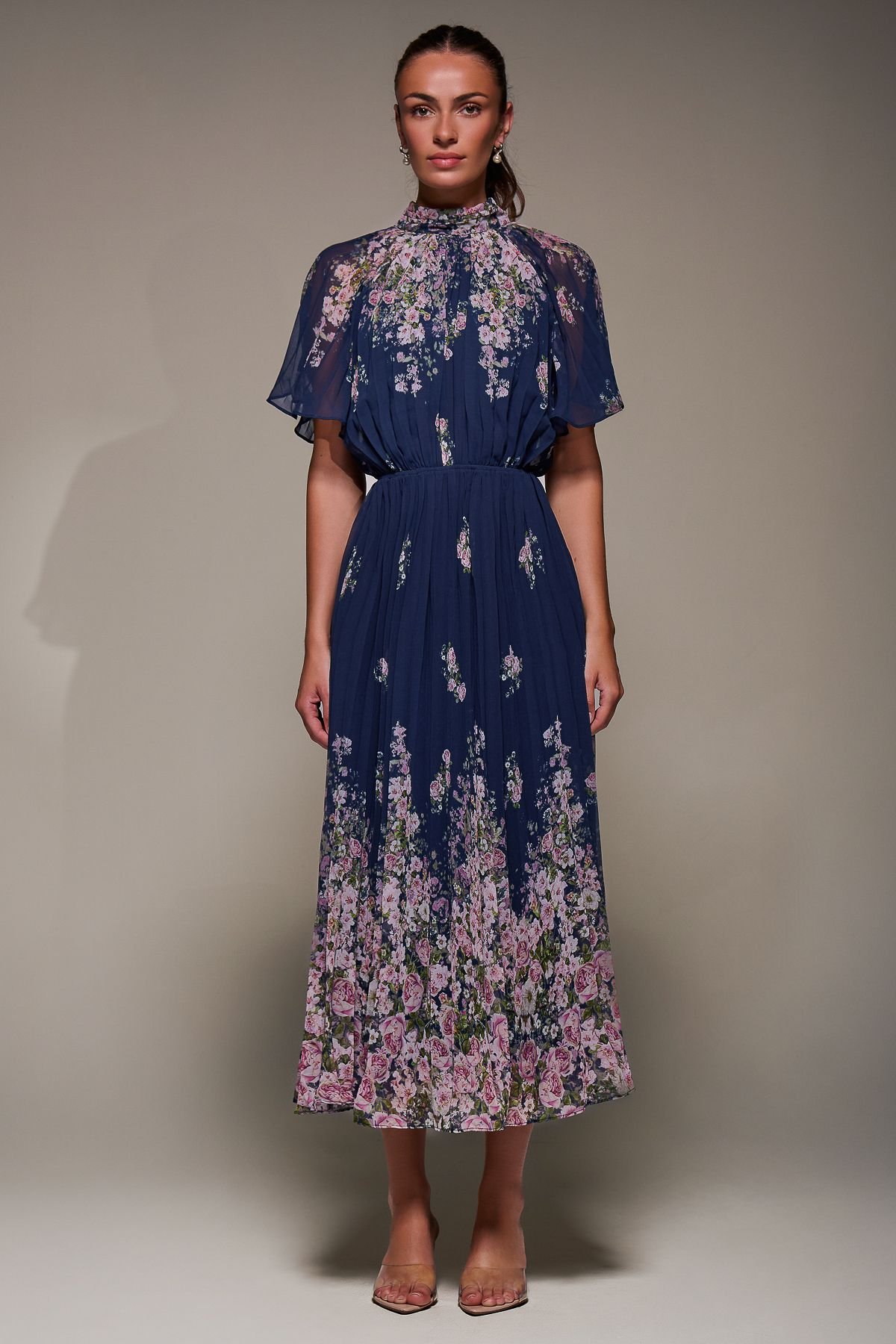 Jolie Moi Jolie Moi Women's High Neck Short Sleeve Pleated Chiffon Dress in Navy - 3