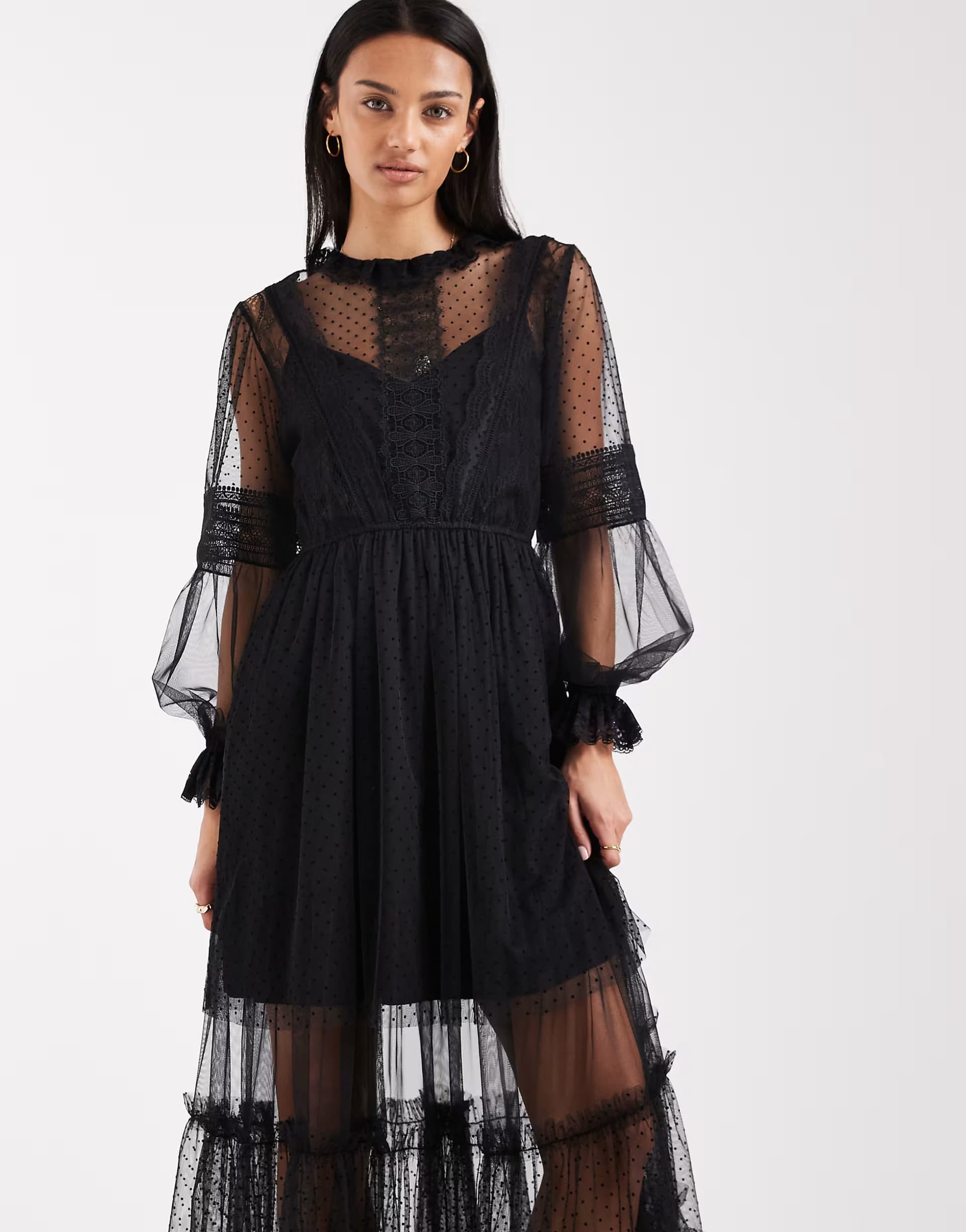 ASOS AllSaints nita long sleeve tulle ruffle maxi dress in black