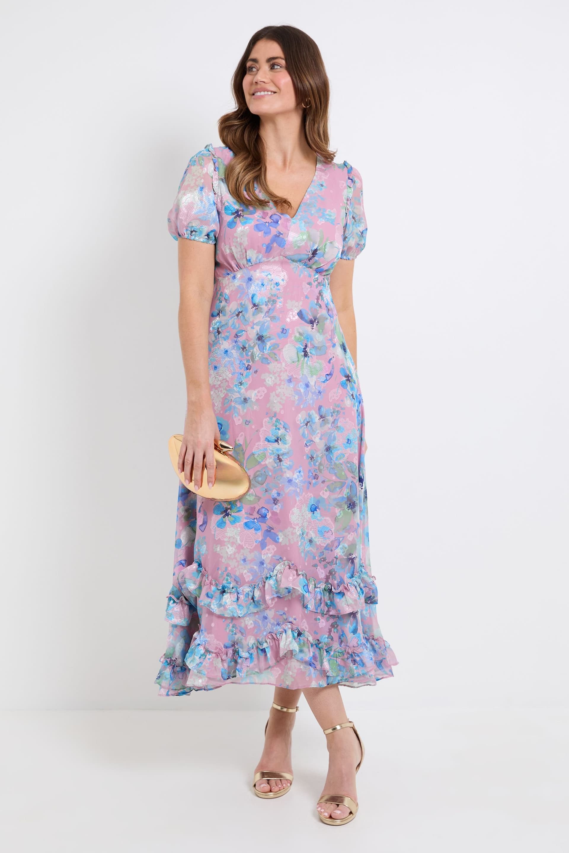Wallis Wallis Women's Floral Satin Ruffle Hem Midaxi Dress in Rose