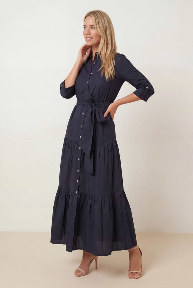 Style Cheat Style Cheat Women's Cotton Shirt Tiered Dress in Navy - 2