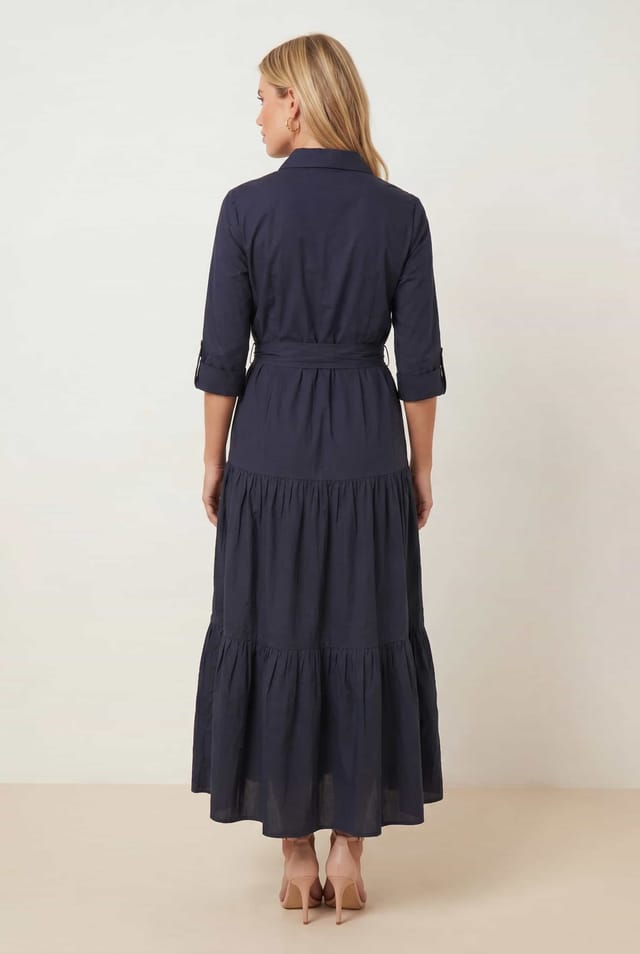 Style Cheat Style Cheat Women's Cotton Shirt Tiered Dress in Navy - 3