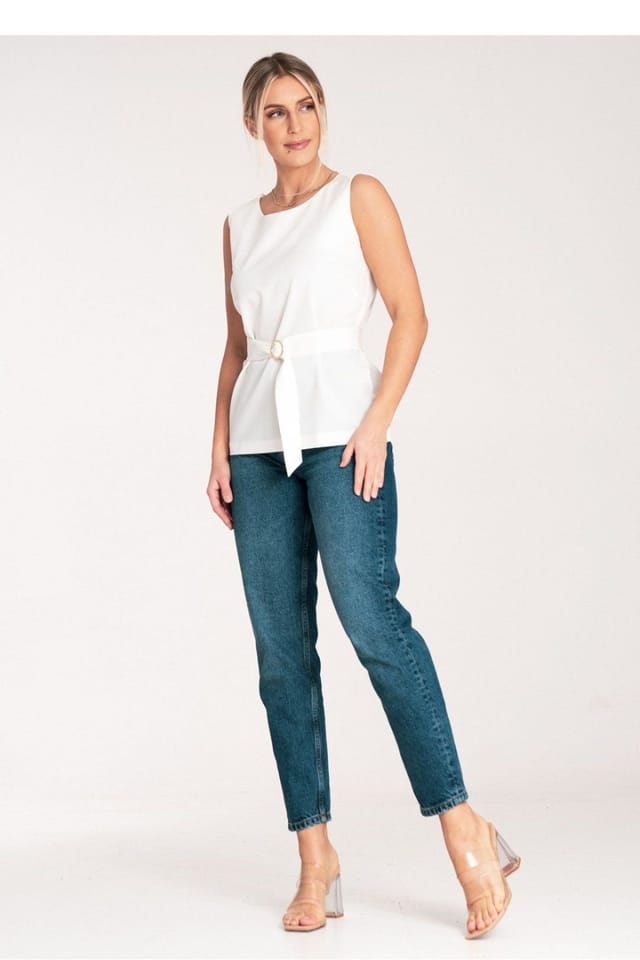 Love Lace Love Lace Women's Trapezoid Tuck Front Unbuttoned Blouse in White - 2