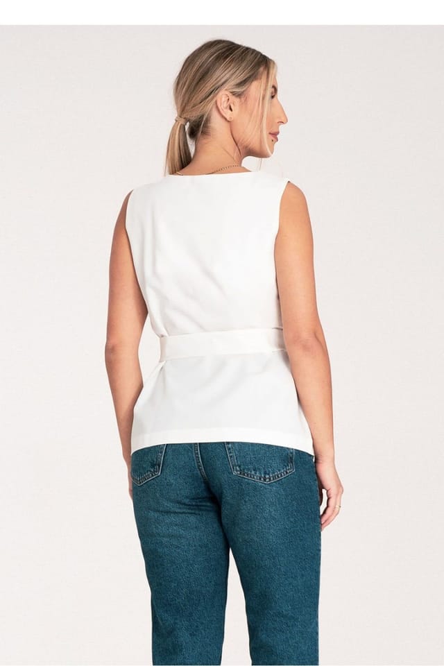 Love Lace Love Lace Women's Trapezoid Tuck Front Unbuttoned Blouse in White - 3