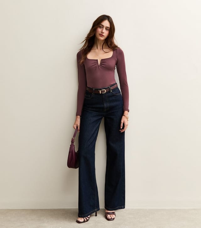 New Look Women's Dark Purple Jersey Notch Neck Long Sleeve Bodysuit New Look - 2